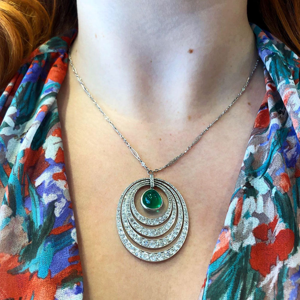 Art Deco 6.61 Carat Cabochon Emerald and Diamond Necklace - 11