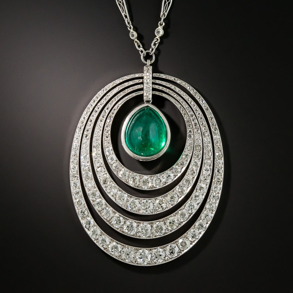 Art Deco 6.61 Carat Cabochon Emerald and Diamond Necklace - 1