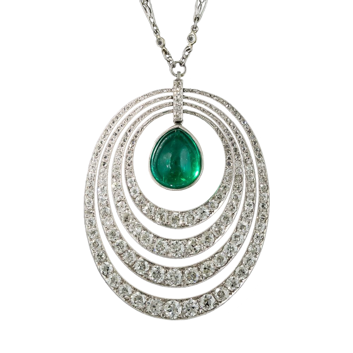 Art Deco 6.61 Carat Cabochon Emerald and Diamond Necklace - 5