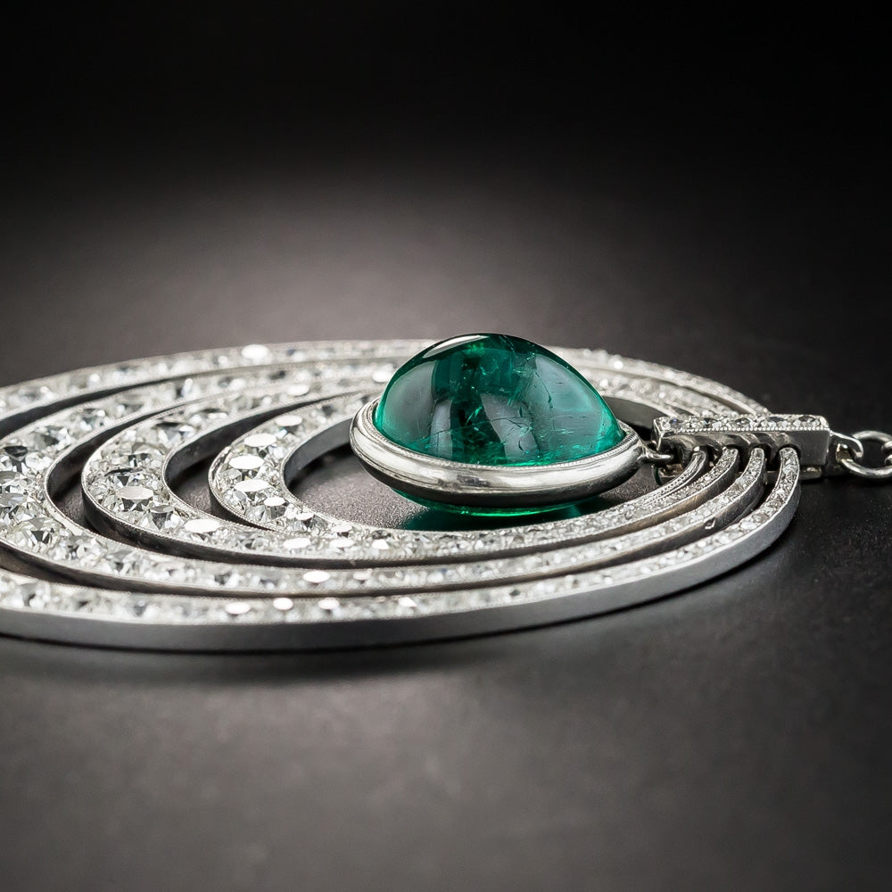 Art Deco 6.61 Carat Cabochon Emerald and Diamond Necklace - 3