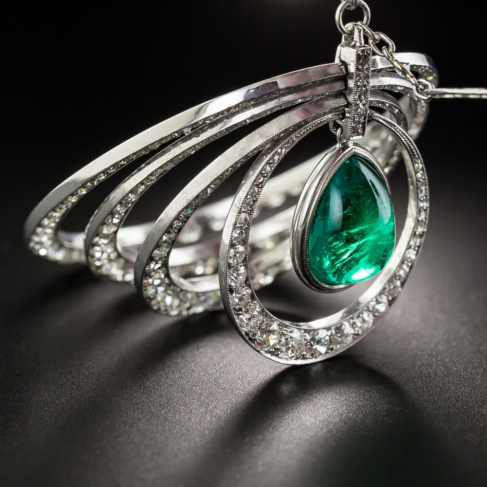 Art Deco 6.61 Carat Cabochon Emerald and Diamond Necklace - 4