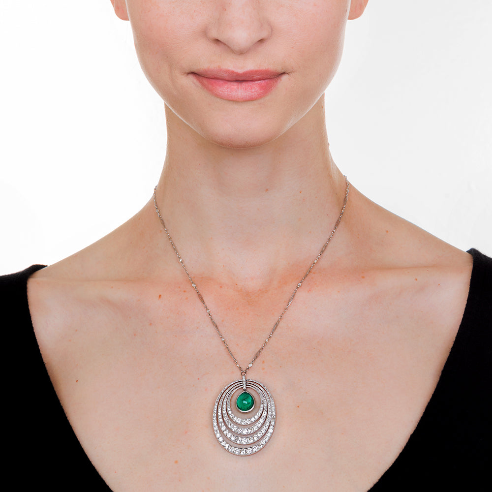 Art Deco 6.61 Carat Cabochon Emerald and Diamond Necklace - 6