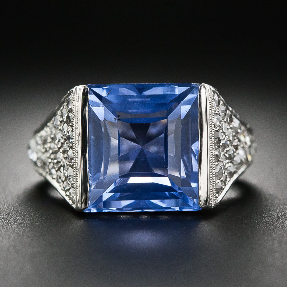 Art Deco 7.25 Carat No-Heat Ceylon Sapphire and Diamond Ring, Size 4 - 7