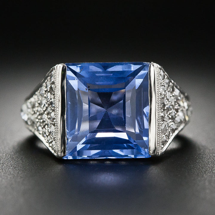 Art Deco 7.25 Carat No-Heat Ceylon Sapphire and Diamond Ring, Size 4