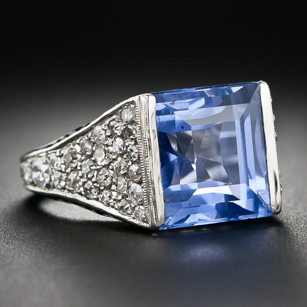 Art Deco 7.25 Carat No-Heat Ceylon Sapphire and Diamond Ring, Size 4 - 8
