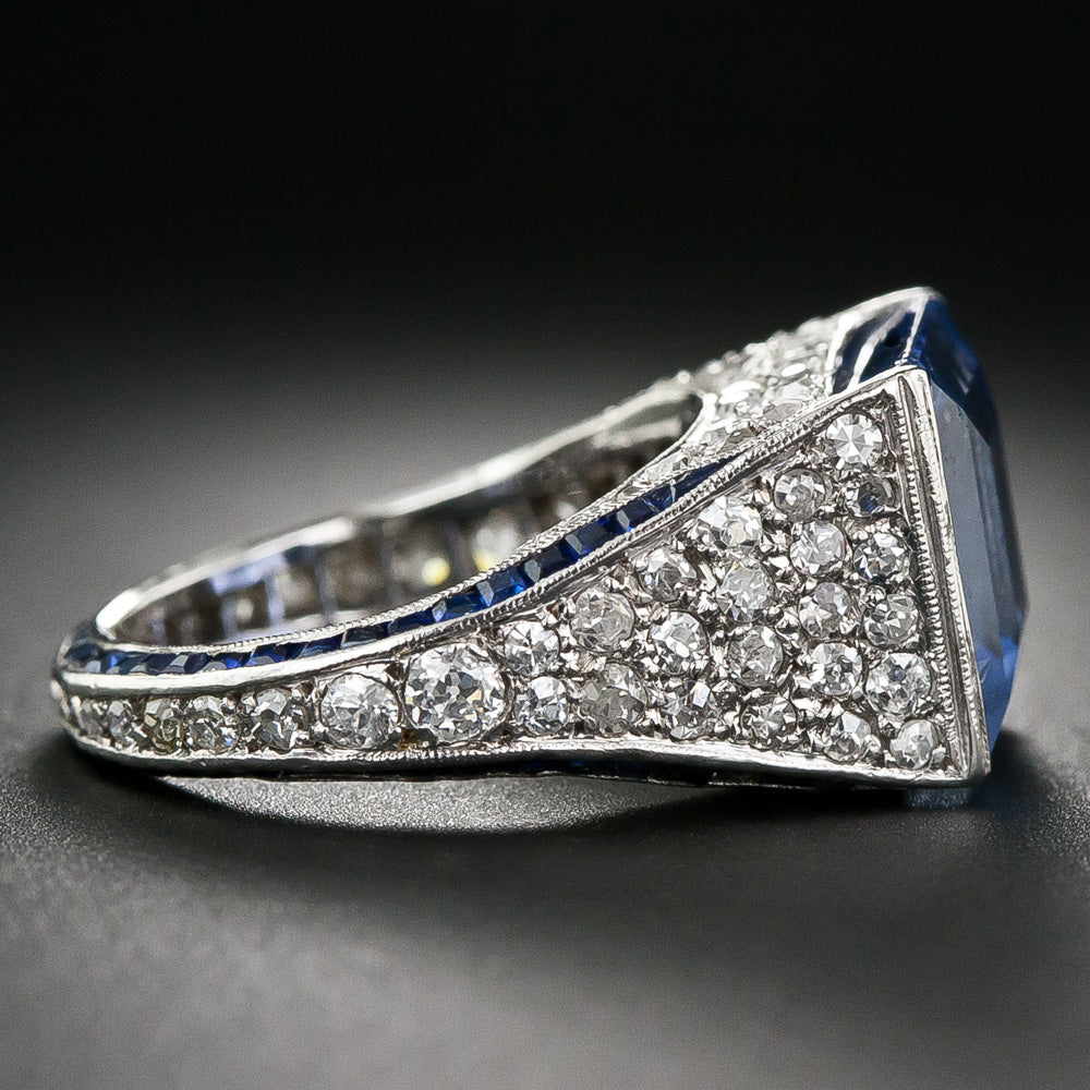Art Deco 7.25 Carat No-Heat Ceylon Sapphire and Diamond Ring, Size 4 - 9