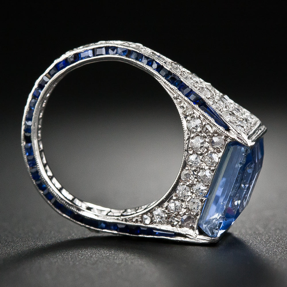 Art Deco 7.25 Carat No-Heat Ceylon Sapphire and Diamond Ring, Size 4 - 12