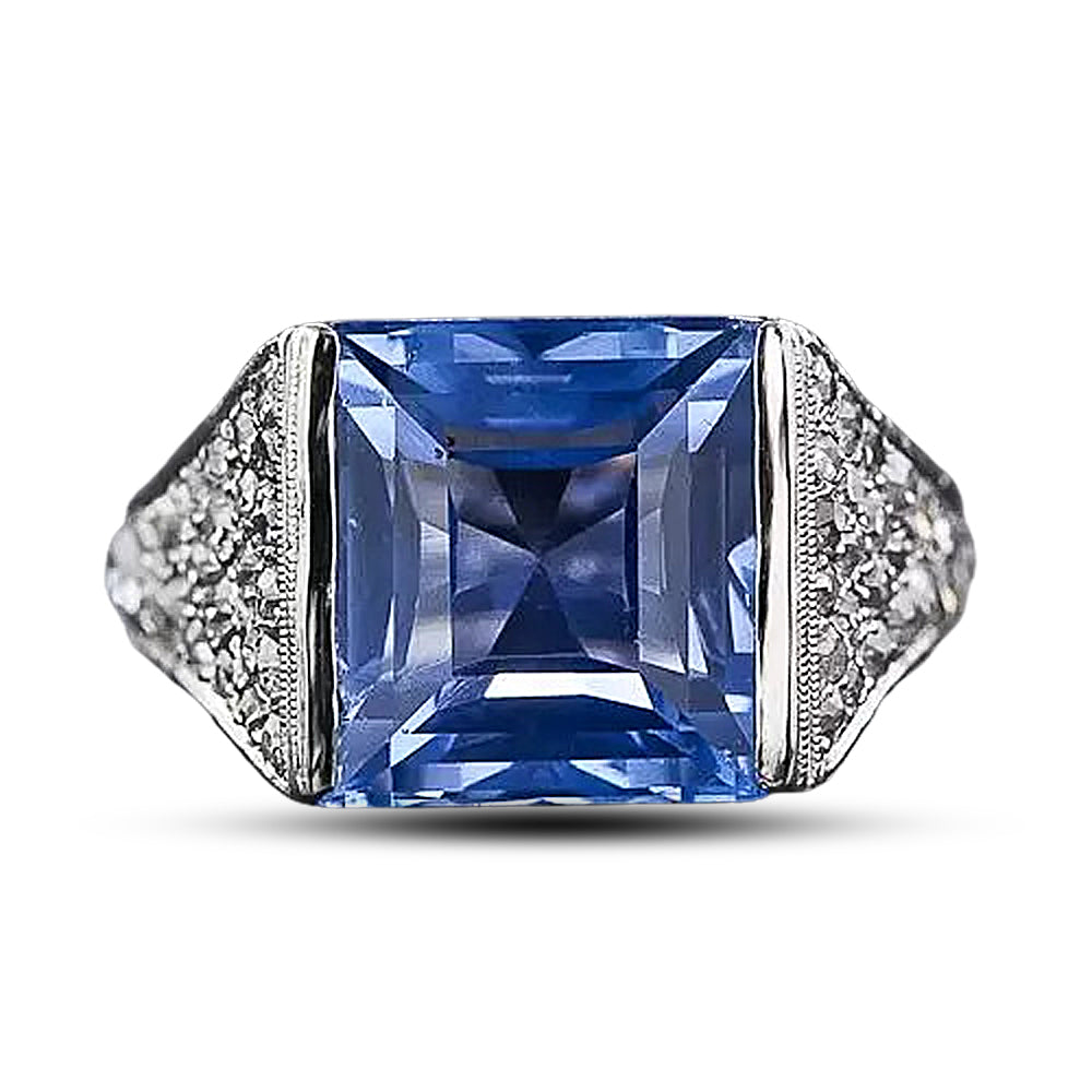 Art Deco 7.25 Carat No-Heat Ceylon Sapphire and Diamond Ring, Size 4 - 13