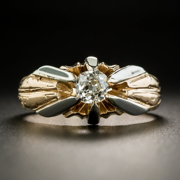 Art Deco .72 Carat Antique Cushion Cut Diamond Two-Tone Ring - GIA J VS2