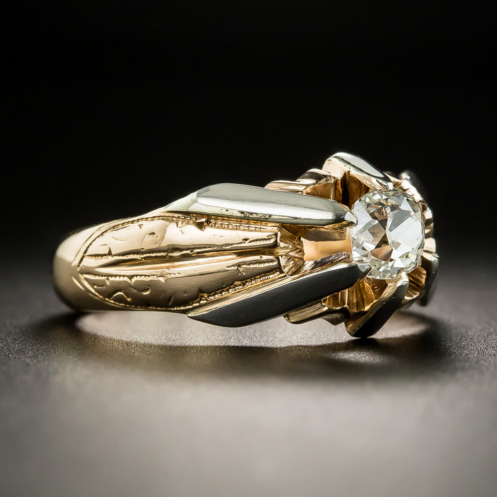 Art Deco .72 Carat Antique Cushion Cut Diamond Two-Tone Ring - GIA J VS2 - 2