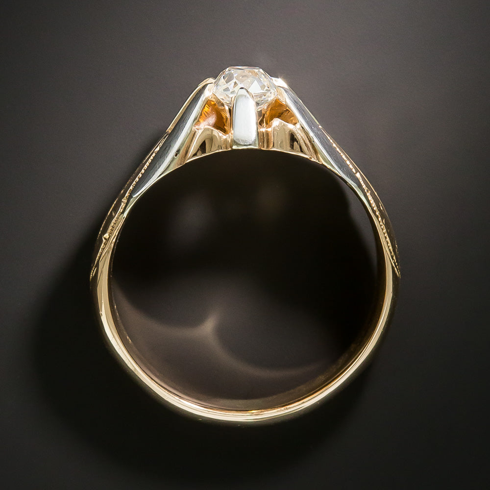 Art Deco .72 Carat Antique Cushion Cut Diamond Two-Tone Ring - GIA J VS2 - 4