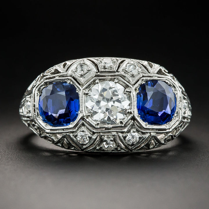 Art Deco .77 Carat Diamond and No-Heat Sapphire Ring - GIA E VS2