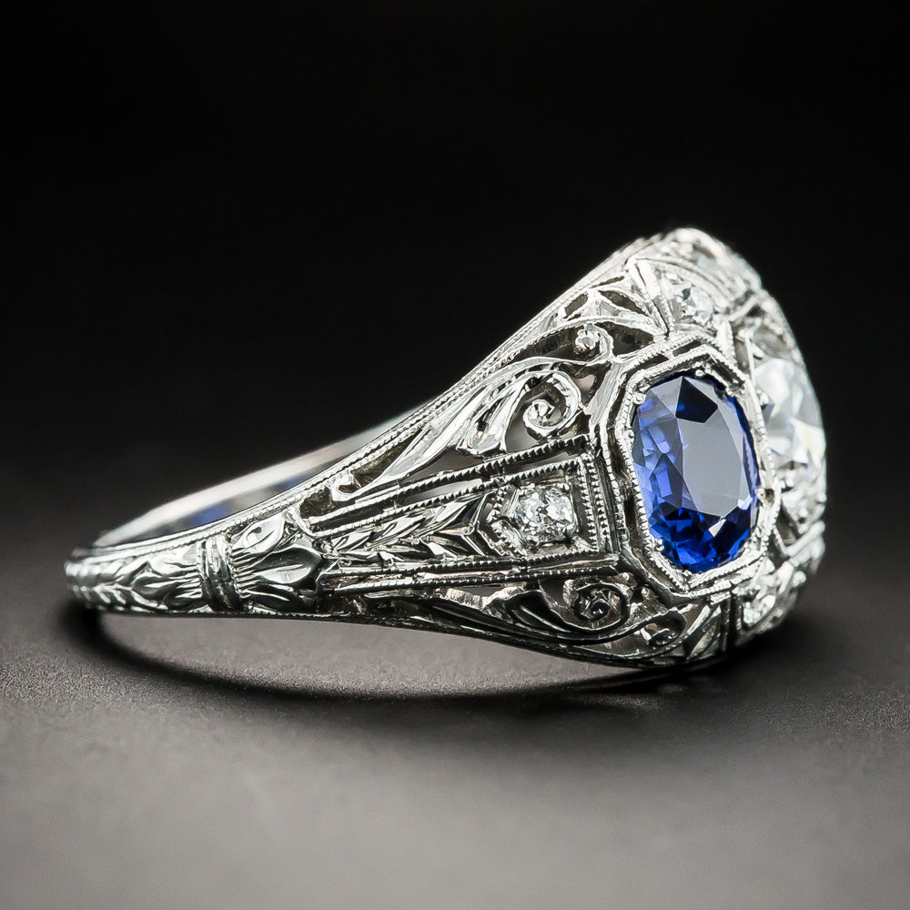 Art Deco .77 Carat Diamond and No-Heat Sapphire Ring - GIA E VS2 - 3