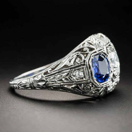 Art Deco .77 Carat Diamond and No-Heat Sapphire Ring - GIA E VS2 - 3