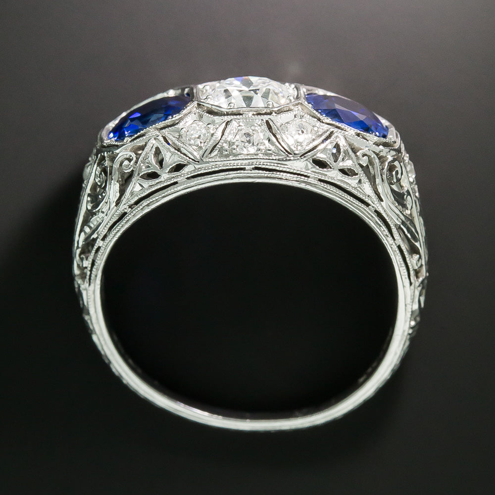 Art Deco .77 Carat Diamond and No-Heat Sapphire Ring - GIA E VS2 - 4