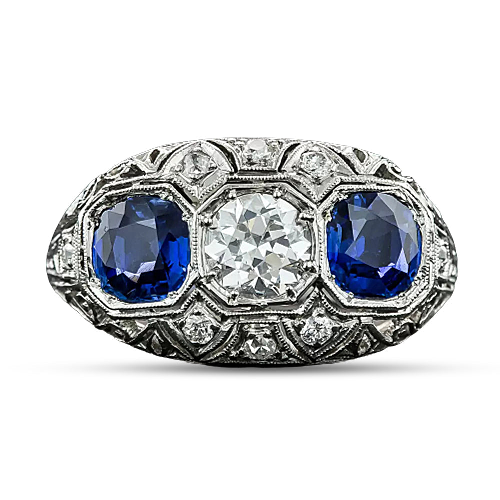 Art Deco .77 Carat Diamond and No-Heat Sapphire Ring - GIA E VS2 - 5