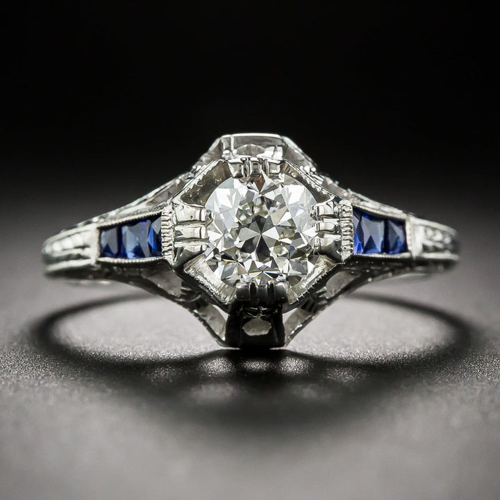 Art Deco .77 Carat Diamond and Sapphire* Engagement Ring by Belais Bros.