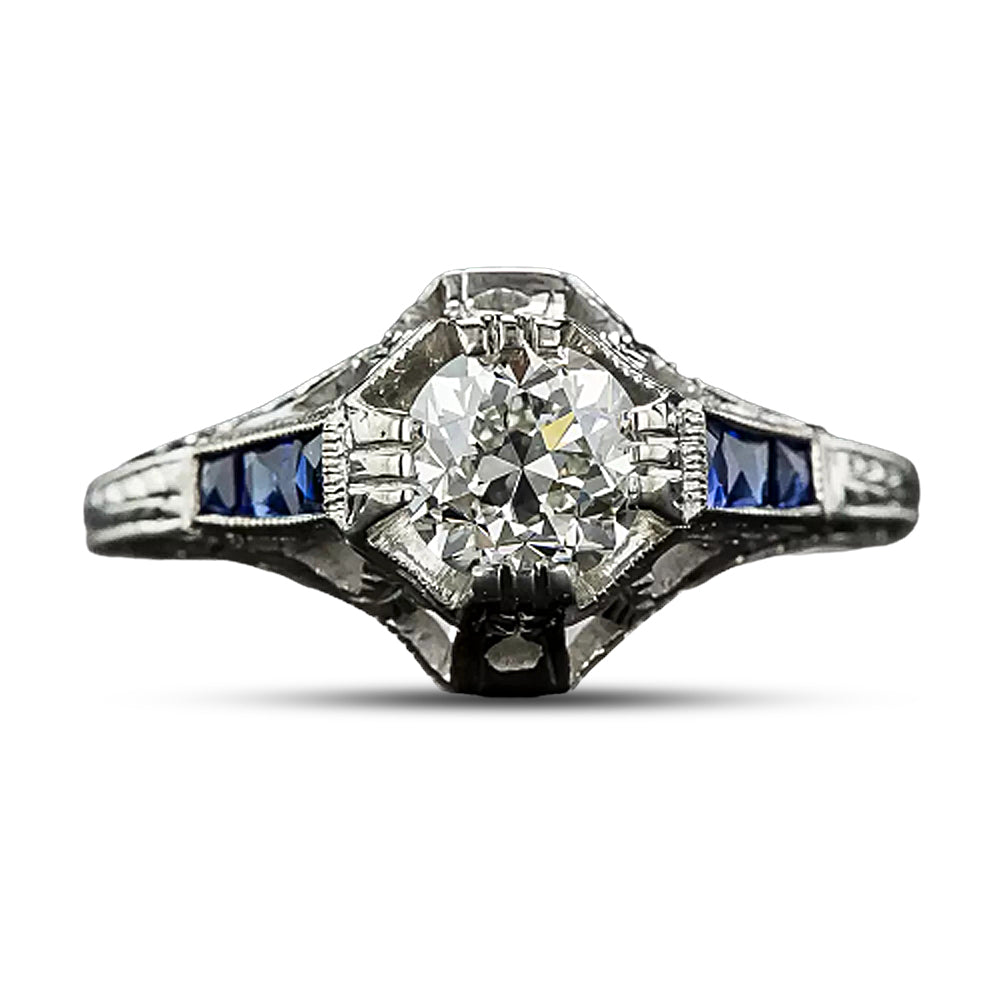 Art Deco .77 Carat Diamond and Sapphire* Engagement Ring by Belais Bros. - 4
