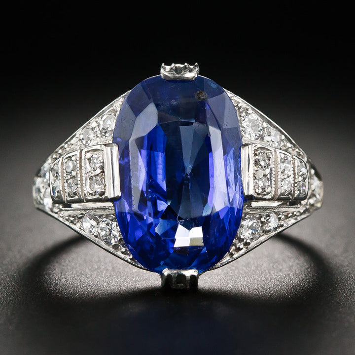 Art Deco 8.43 Carat No-Heat Sapphire and Diamond Ring - GIA