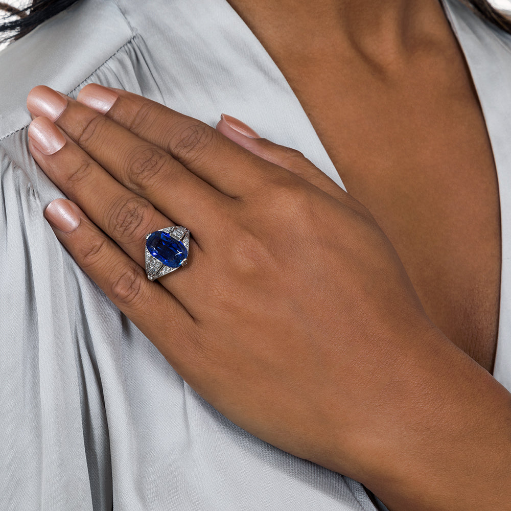 Art Deco 8.43 Carat No-Heat Sapphire and Diamond Ring - GIA - 9