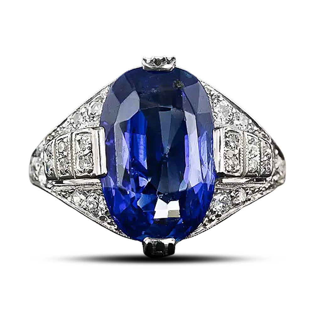 Art Deco 8.43 Carat No-Heat Sapphire and Diamond Ring - GIA - 10