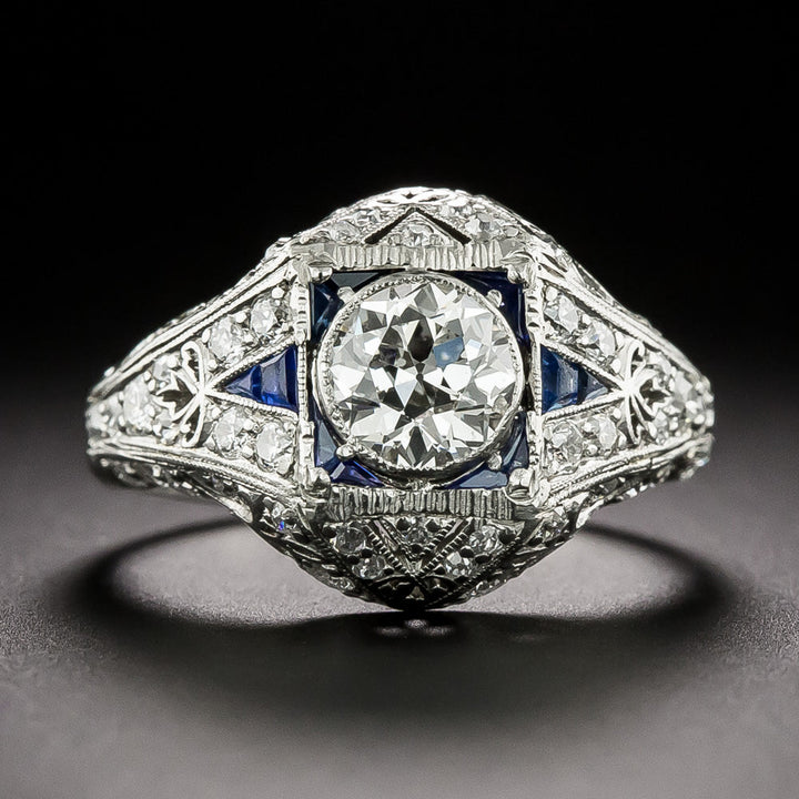 Art Deco .80 Carat Diamond and Calibre Sapphire Ring, Size 7