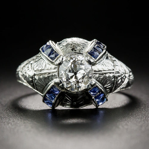 Art Deco .80 Carat Diamond And Sapphire* Dome Ring  - 1