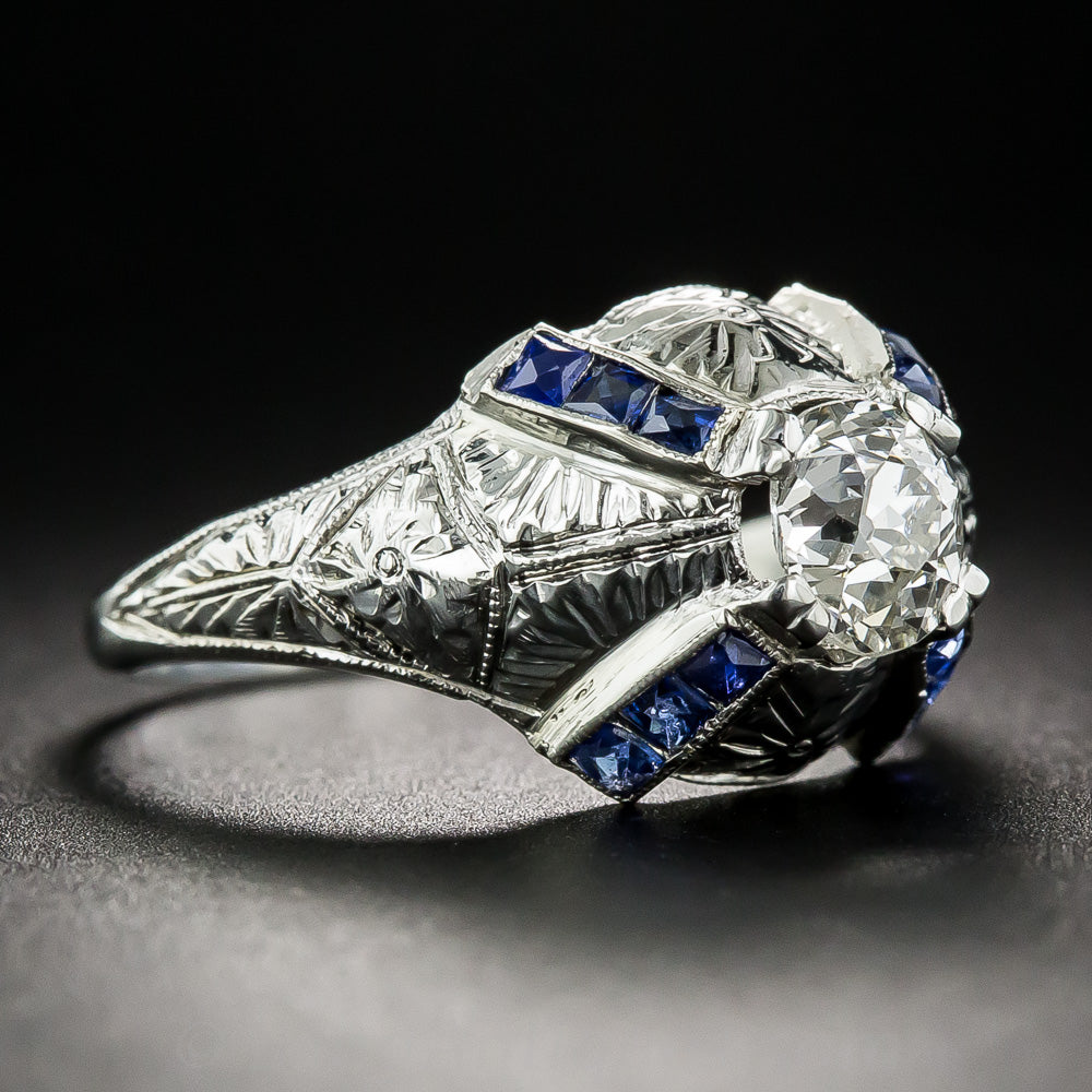 Art Deco .80 Carat Diamond And Sapphire* Dome Ring  - 2