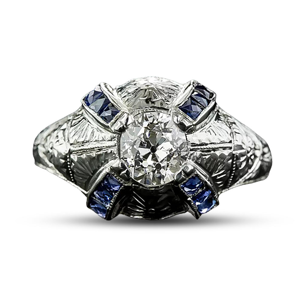 Art Deco .80 Carat Diamond And Sapphire* Dome Ring  - 5