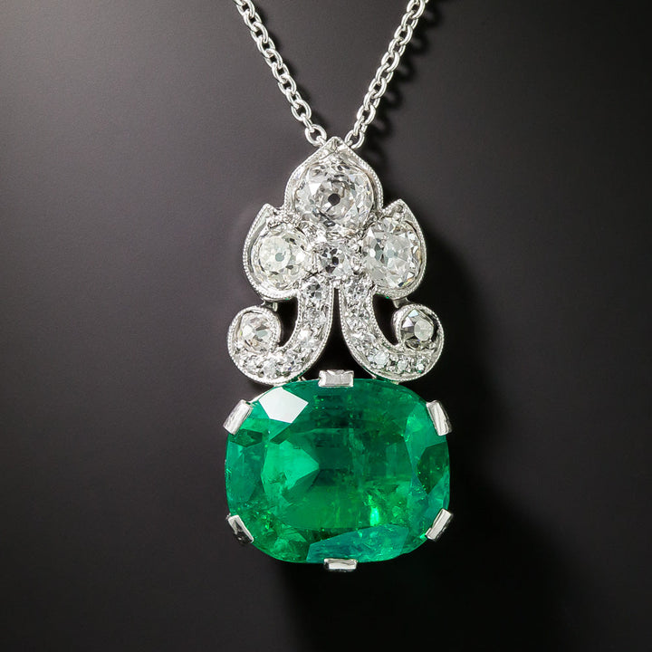 Art Deco 9.25 Carat Colombian Emerald and Diamond Pendant - GIA
