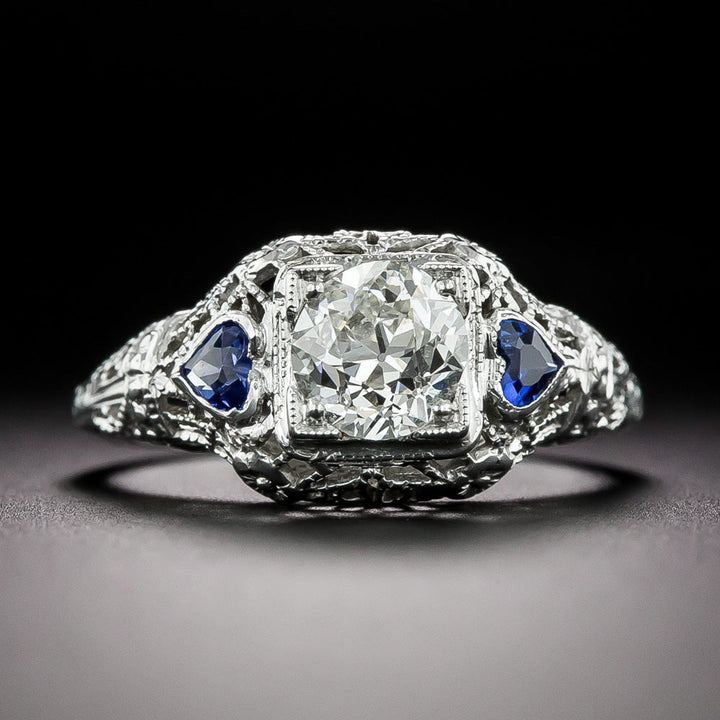 Art Deco .90 Carat Diamond and Sapphire* Hearts Ring - GIA I VS1
