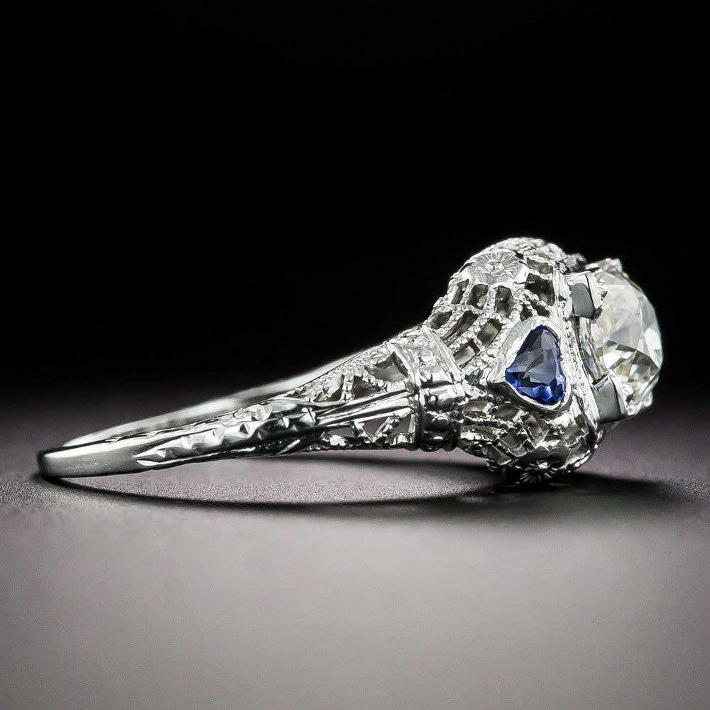 Art Deco .90 Carat Diamond and Sapphire* Hearts Ring - GIA I VS1 - 4