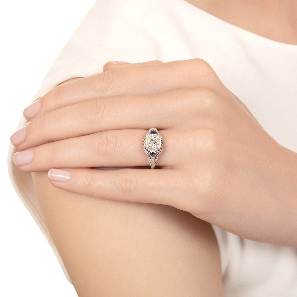 Art Deco .90 Carat Diamond and Sapphire* Hearts Ring - GIA I VS1 - 6