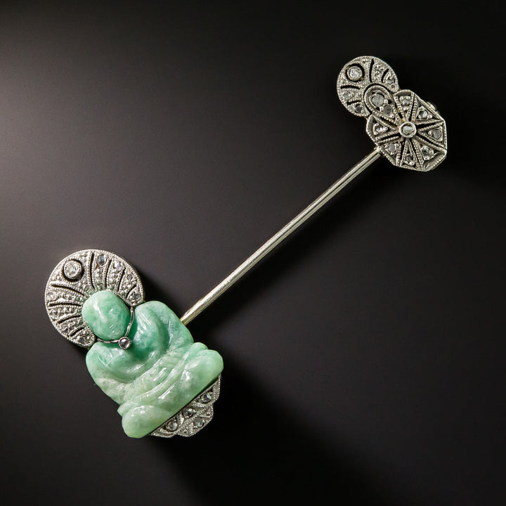 Art Deco Amazonite and Diamond Buddha Jabot Pin
