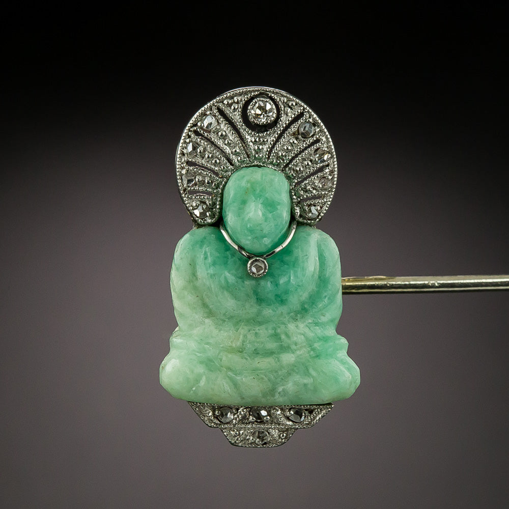 Art Deco Amazonite and Diamond Buddha Jabot Pin - 4