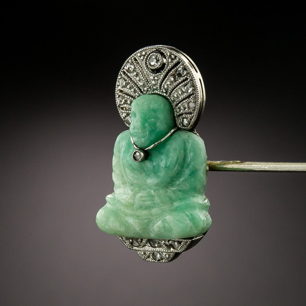 Art Deco Amazonite and Diamond Buddha Jabot Pin - 5