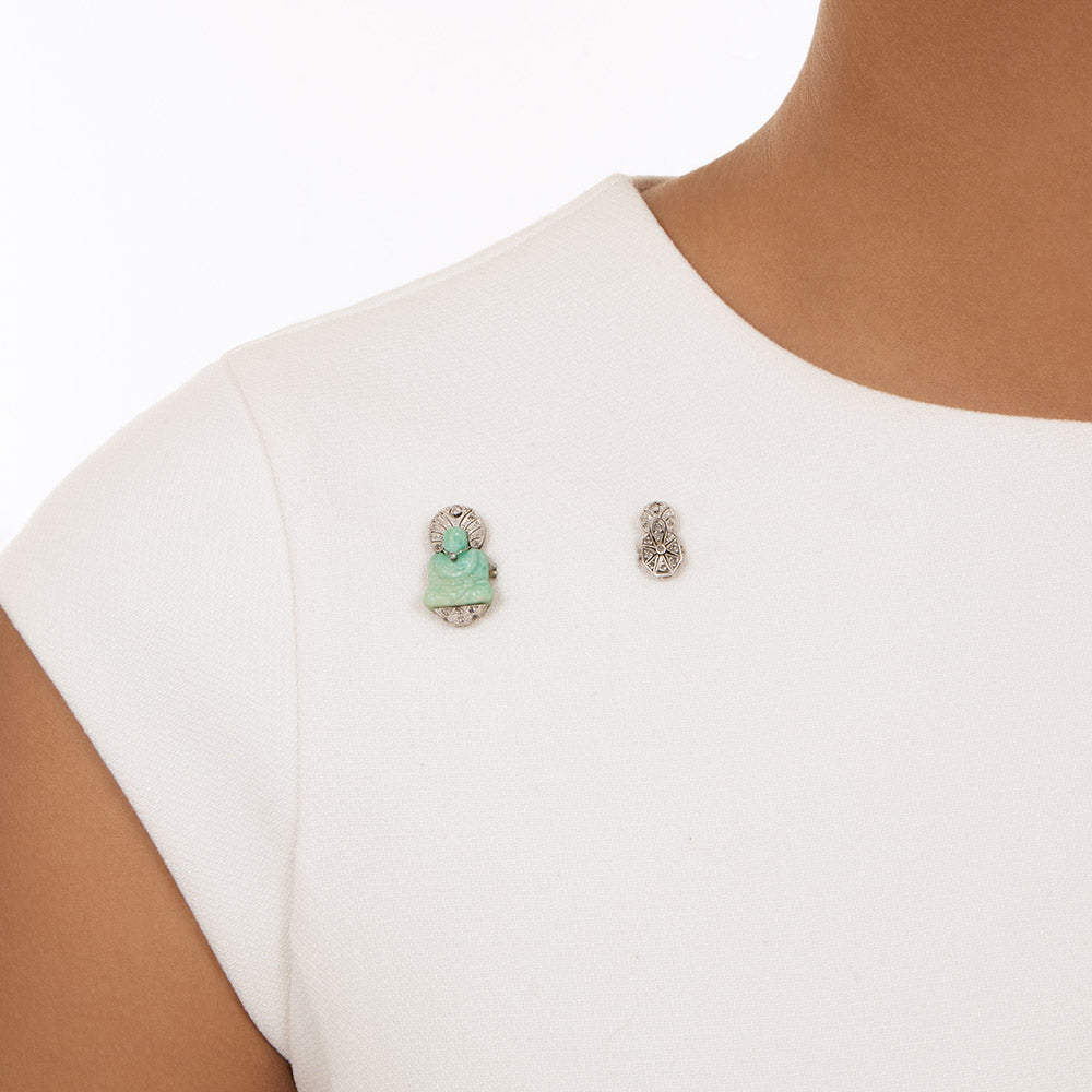 Art Deco Amazonite and Diamond Buddha Jabot Pin - 6
