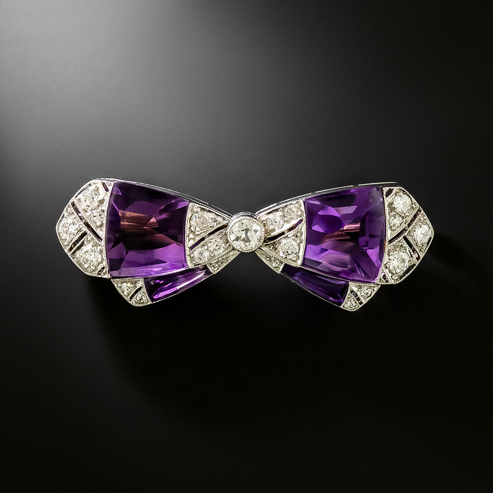 Art Deco Amethyst and Diamond Bow Brooch - 2