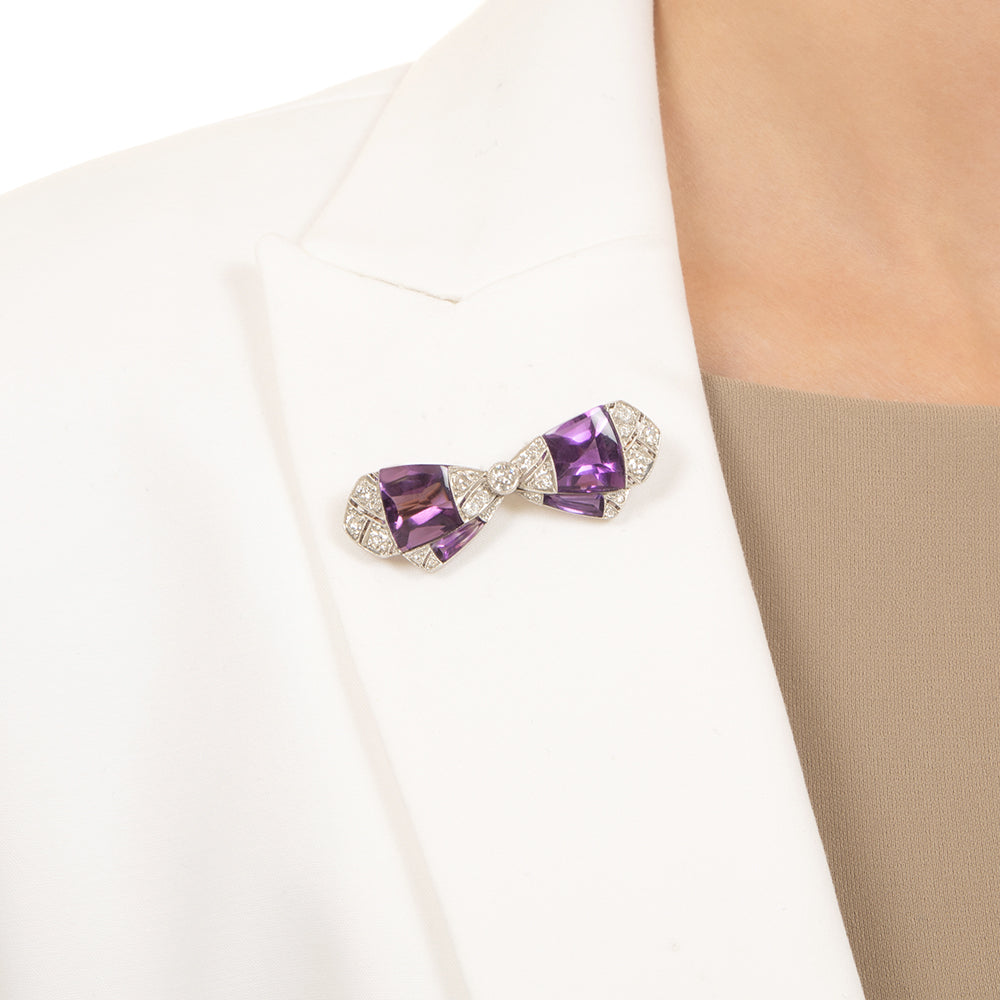 Art Deco Amethyst and Diamond Bow Brooch - 4