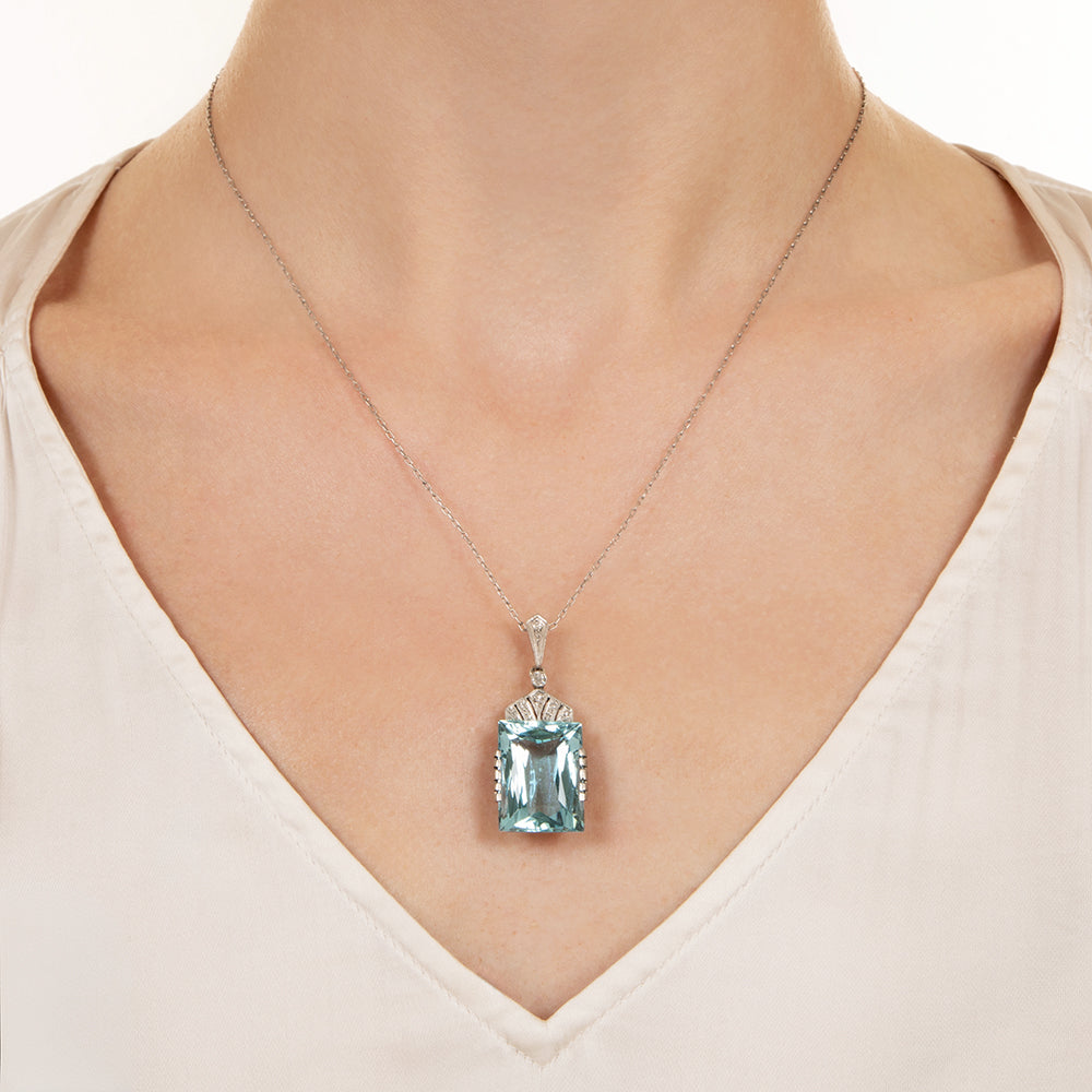 Art Deco Aquamarine and Diamond Pendant, Austrian - 3