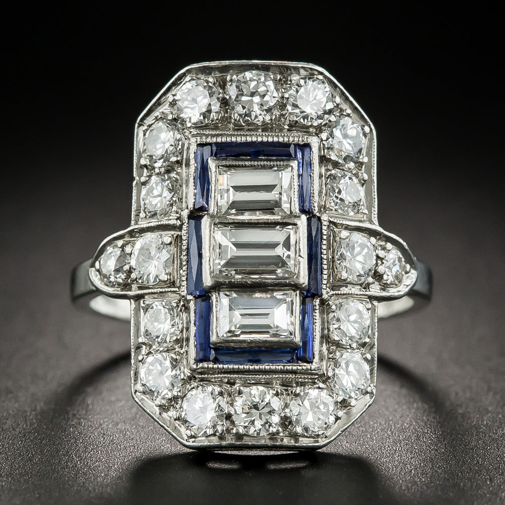 Art Deco Baguette Diamond and Sapphire* Dinner Ring - 1