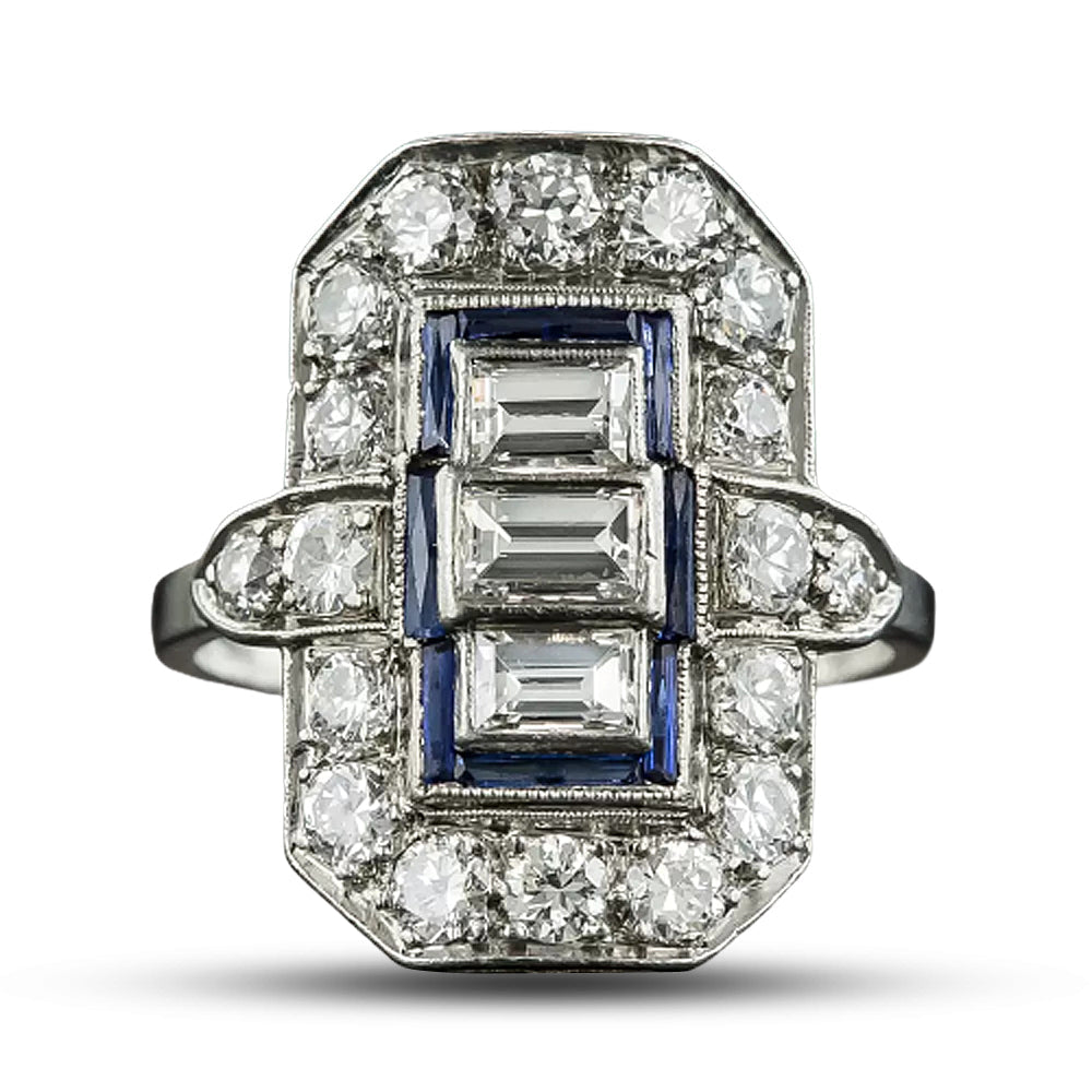 Art Deco Baguette Diamond and Sapphire* Dinner Ring - 5