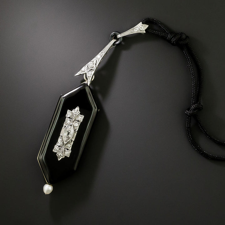 Art Deco Black Enamel, Diamond and Pearl Pendant Watch