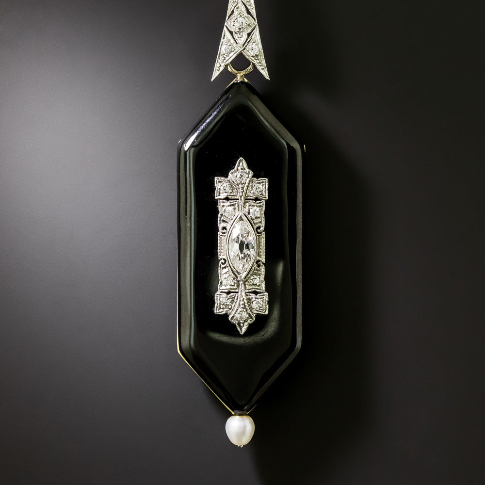 Art Deco Black Enamel, Diamond and Pearl Pendant Watch - 4