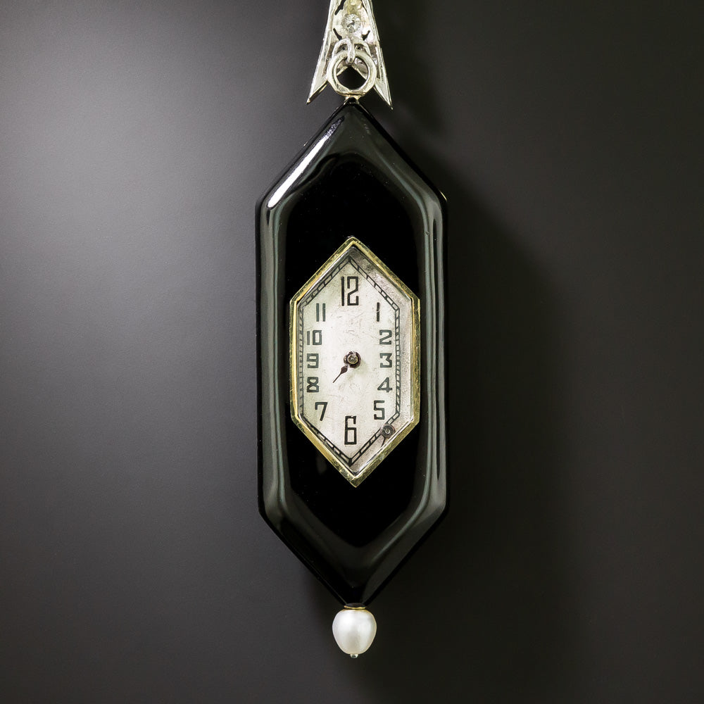 Art Deco Black Enamel, Diamond and Pearl Pendant Watch - 5