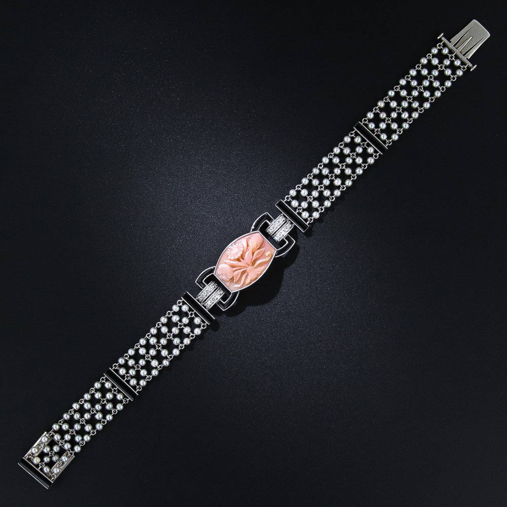 Art Deco Black Starr & Frost Coral, Onyx, Diamond and Seed Pearl Bracelet - 10