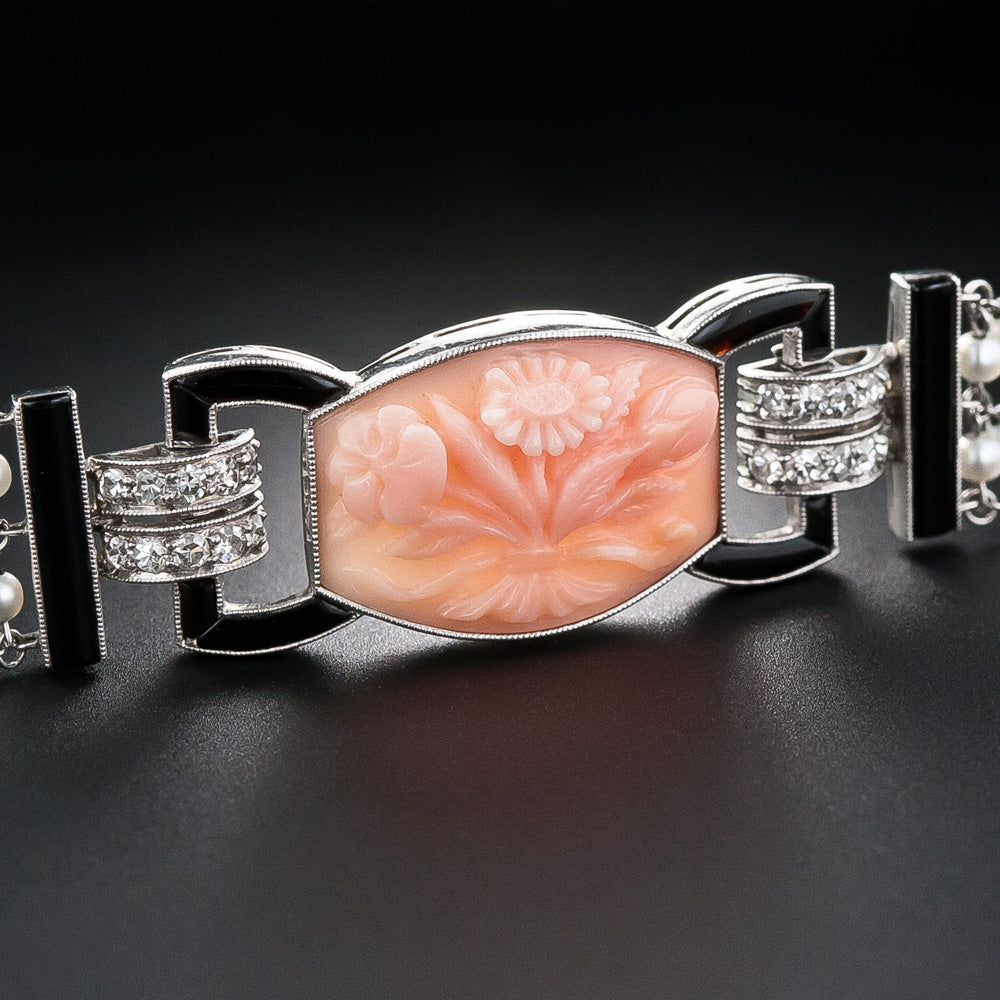 Art Deco Black Starr & Frost Coral, Onyx, Diamond and Seed Pearl Bracelet - 11