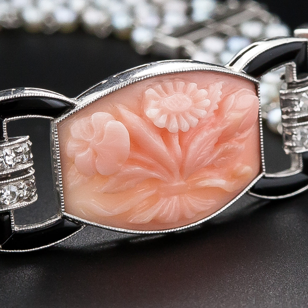 Art Deco Black Starr & Frost Coral, Onyx, Diamond and Seed Pearl Bracelet - 13