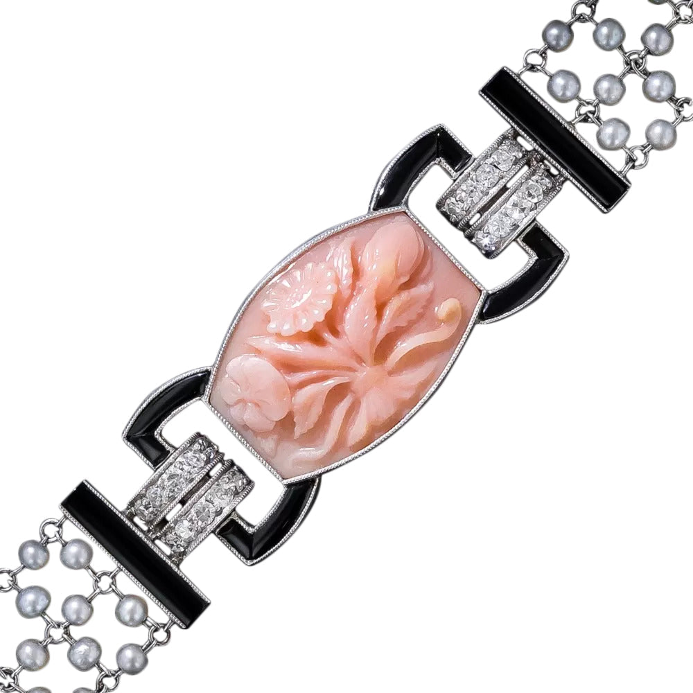 Art Deco Black Starr & Frost Coral, Onyx, Diamond and Seed Pearl Bracelet - 10