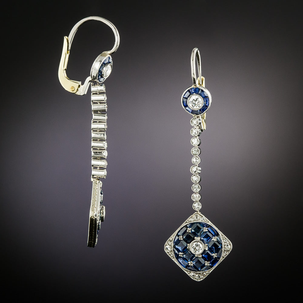 Art Deco Calibre Sapphire and Diamond Dangle Earrings  - 3